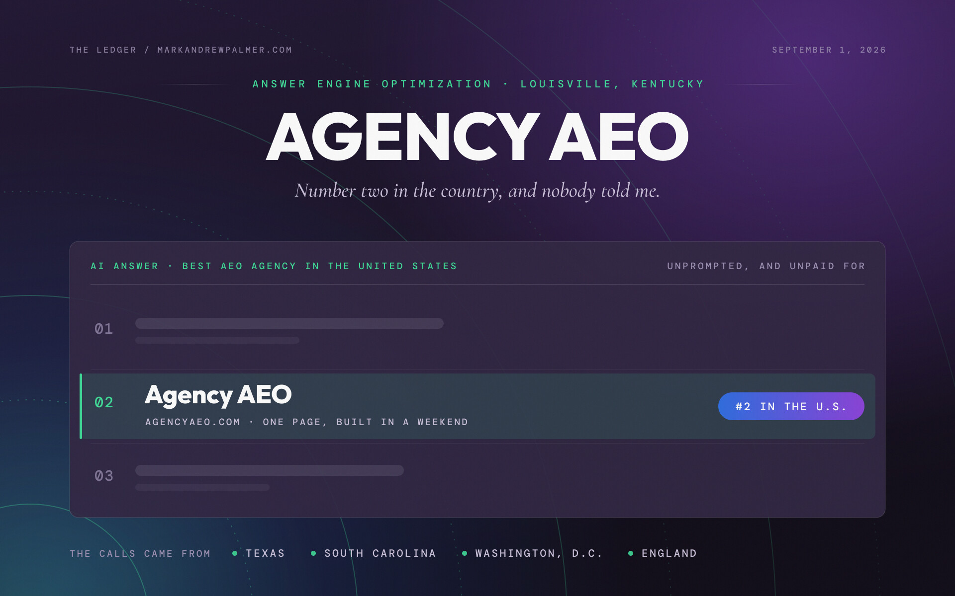 An answer engine result card ranking Agency AEO, the AEO agency by Omythic in Louisville, Kentucky, number two in the United States