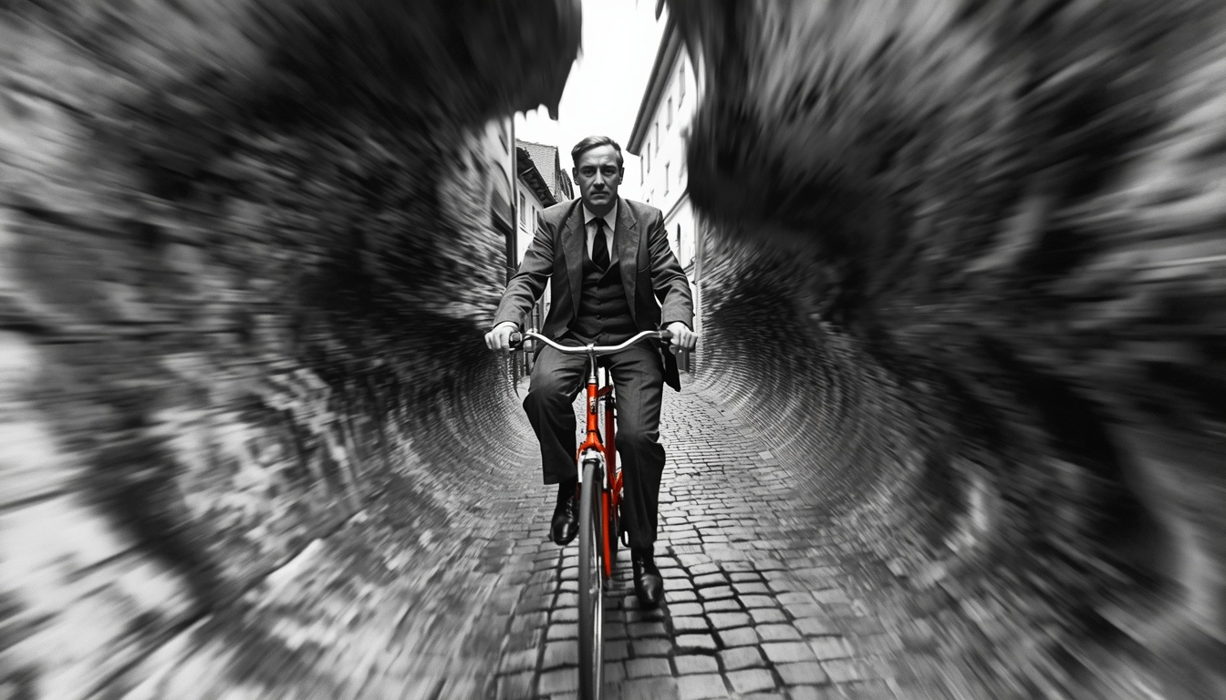 A chemist in a three piece suit rides an orange bicycle down a Basel alley while the buildings around him melt and warp.