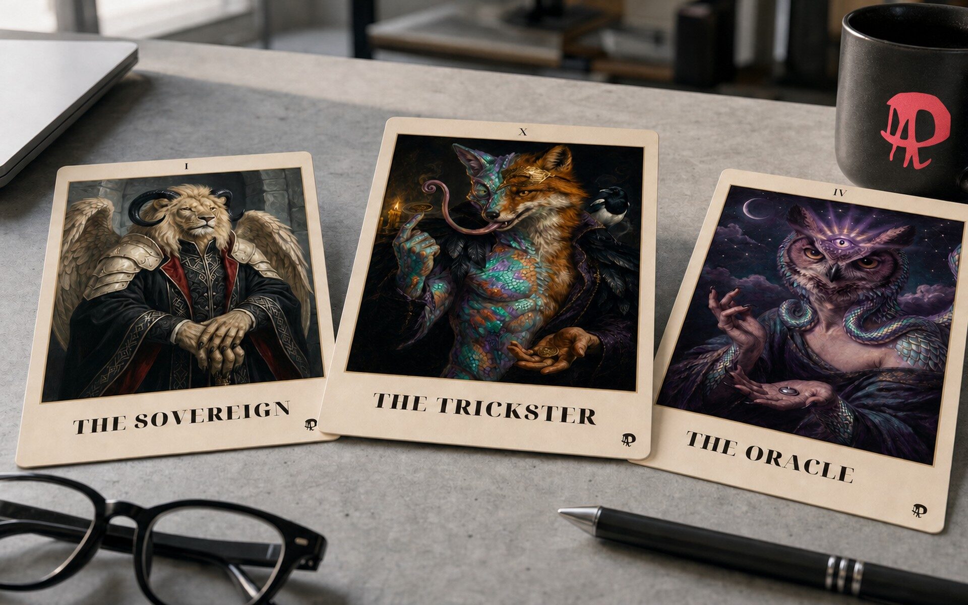 The Trickster archetype seated in a candlelit gothic council chamber, a magpie on his shoulder