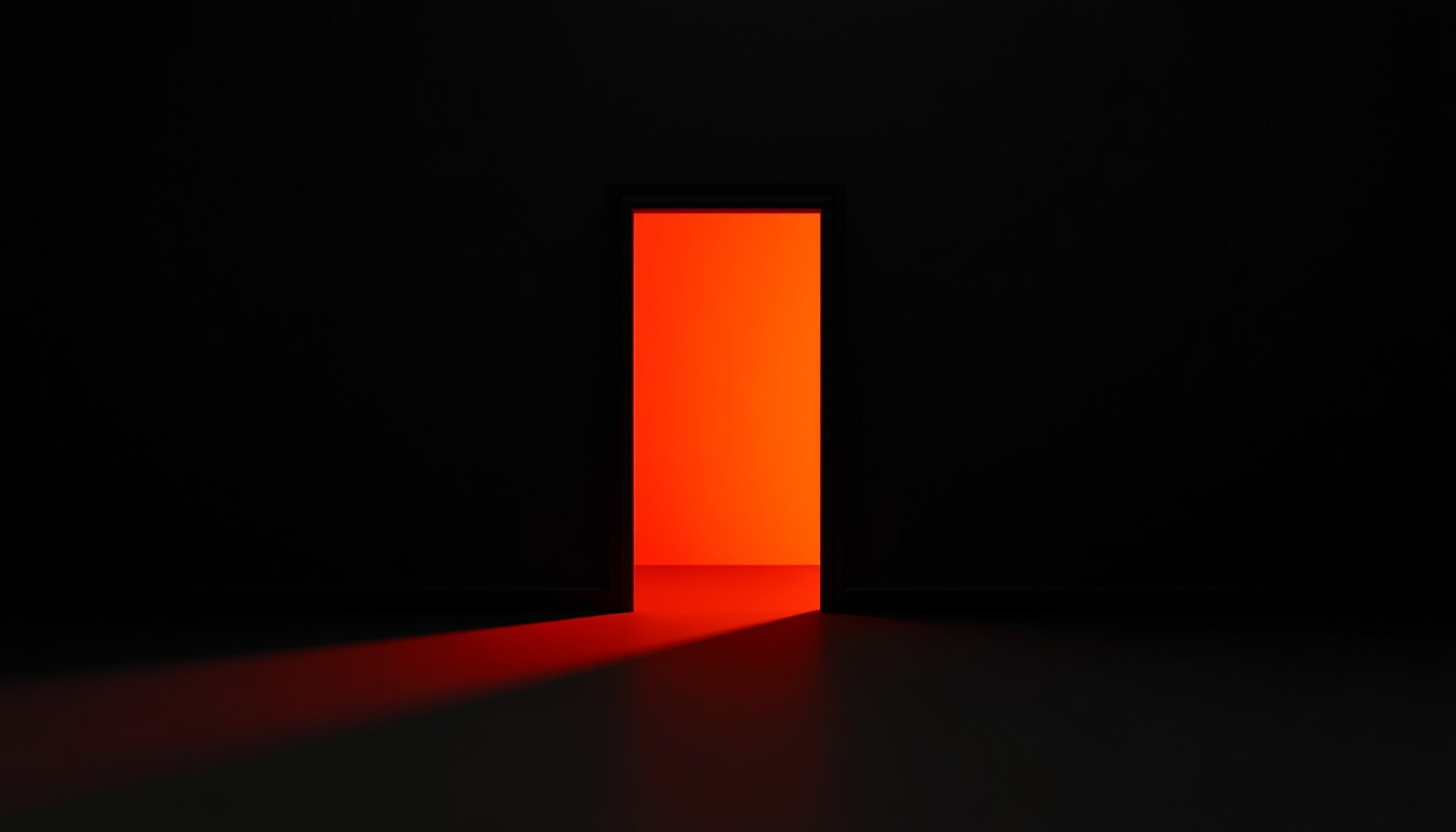An open doorway glowing burnt orange in a pitch black room, light spilling across the floor.